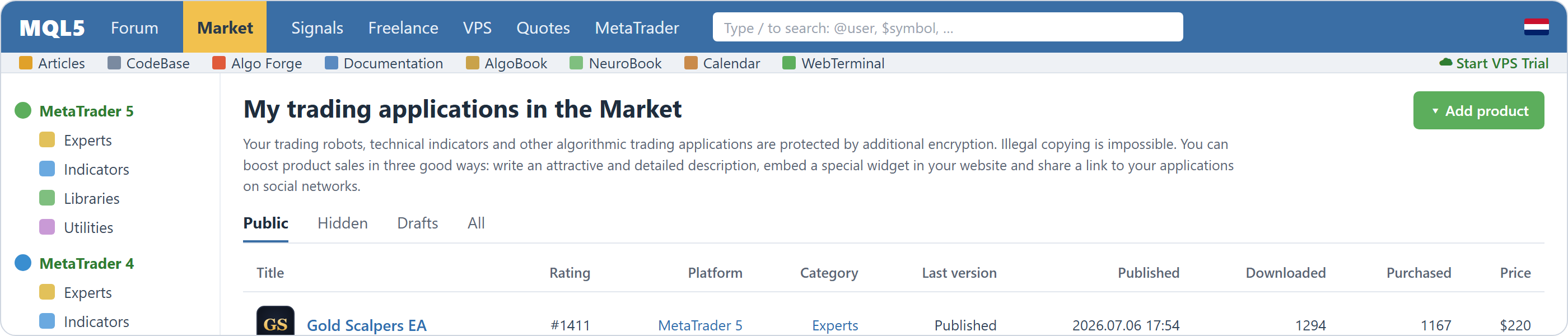 Gold Scalpers EA on the MQL5 Market — MetaTrader 5 Experts, 1,294 downloads, 1,167 purchased, $220